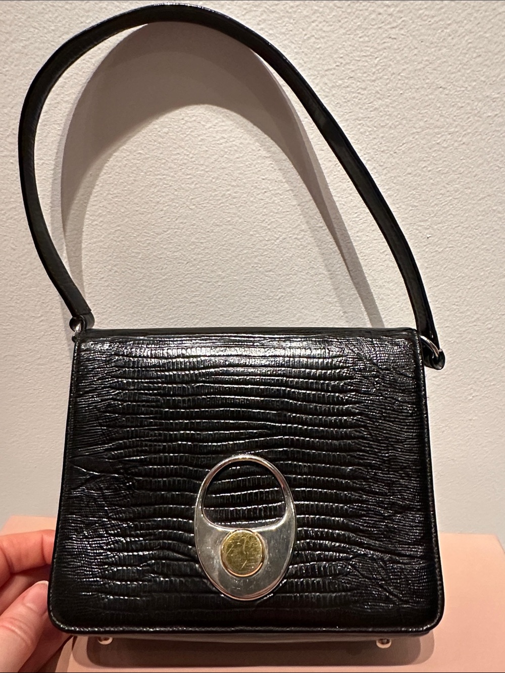 Vintage Black Snakeskin Leather Shoulder Bag with Silver and Gold